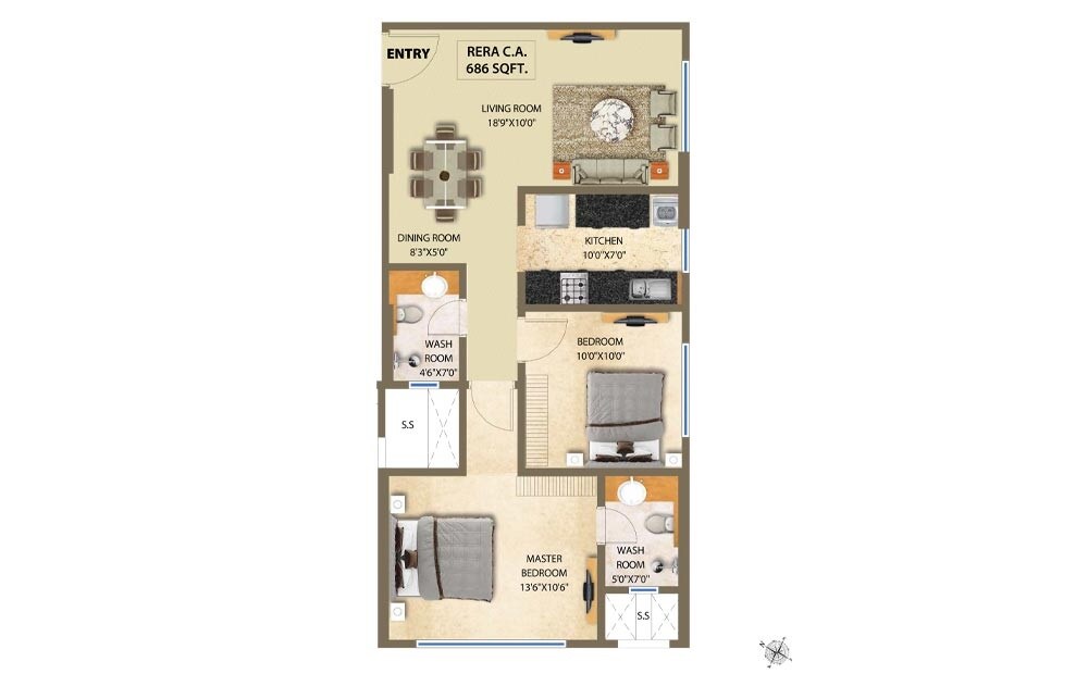 Floor plan of 2 BHK 686 Sq. Ft. Apartment in KGK 24 Karat, Mumbai