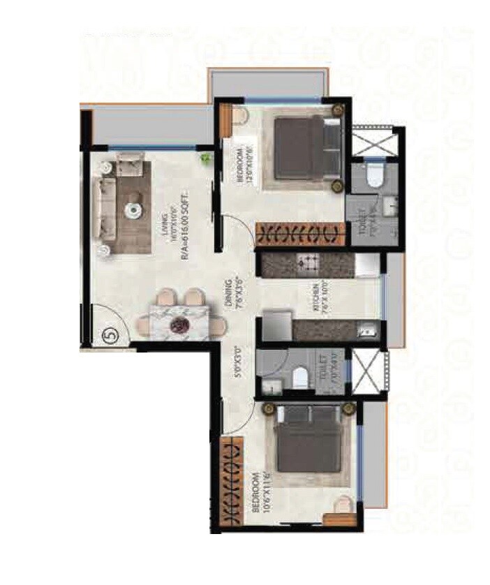 Floor plan of 2 BHK 616 Sq. Ft. Apartment in KH Primestone, Mumbai