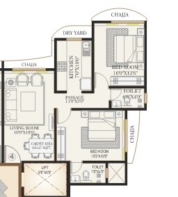 Floor plan of 2 BHK 605 Sq. Ft. Apartment in Khandelwal Sai Iconic, Mumbai