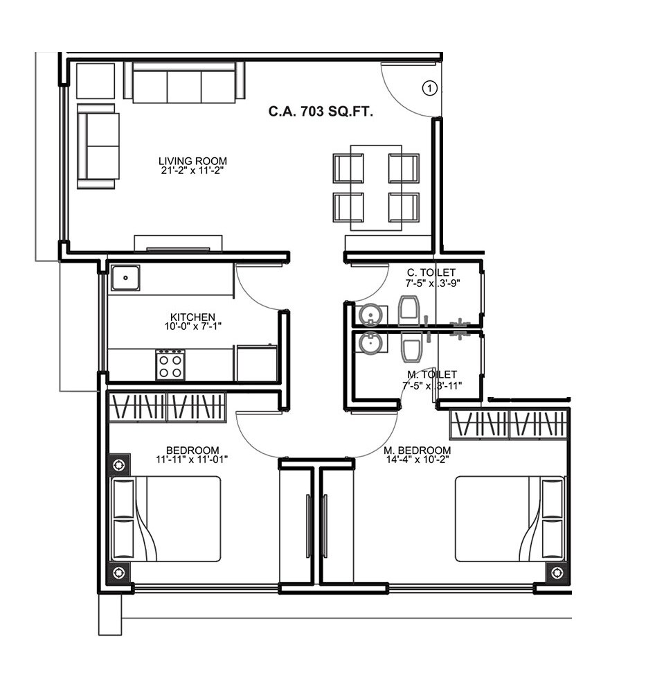 Floor plan of 2 BHK 703 Sq. Ft. Apartment in Khandelwal Saraswati Sadan, Mumbai
