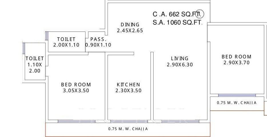 Floor plan of 2 BHK 676 Sq. Ft. Apartment in Khandelwal Yash Park, Mumbai
