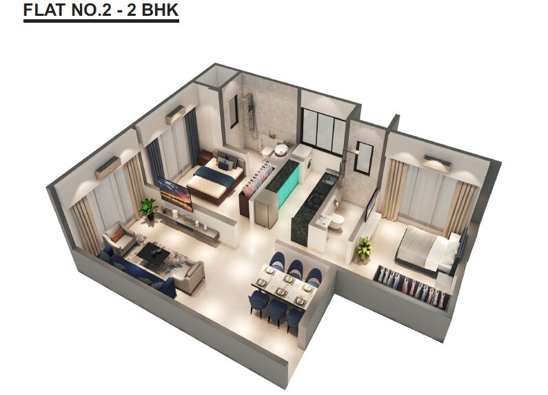 Floor plan of 2 BHK 694 Sq. Ft. Apartment in Khodiyaar Siddharth Nagar Goodwill CHS, Mumbai