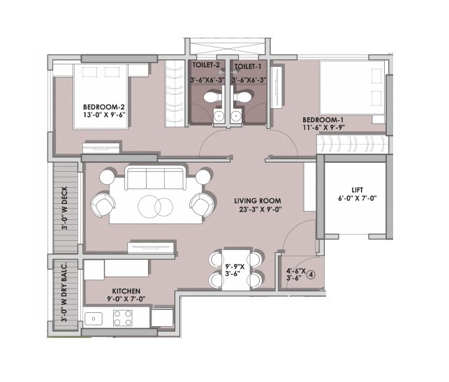 Floor plan of 2 BHK 701 Sq. Ft. Apartment in Khodiyaar Snehal Tower CHS, Mumbai