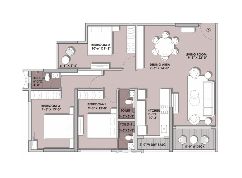 Floor plan of 3 BHK 1020 Sq. Ft. Apartment in Khodiyaar Snehal Tower CHS, Mumbai