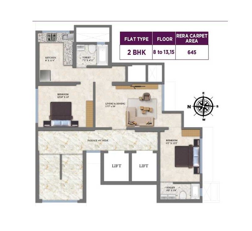 Floor plan of 2 BHK 645 Sq. Ft. Apartment in Khodiyar Jinnal Heights, Mumbai
