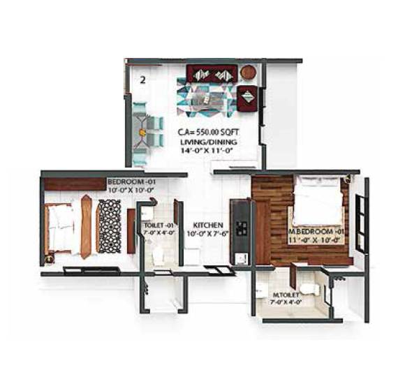 Floor plan of 2 BHK 550 Sq. Ft. Apartment in Khoker Royale, Mumbai