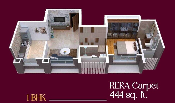 Floor plan of 1 BHK 444 Sq. Ft. Apartment in Khushi Avyukta Megha, Mumbai