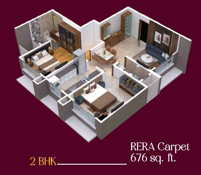 Floor plan of 2 BHK 676 Sq. Ft. Apartment in Khushi Avyukta Megha, Mumbai