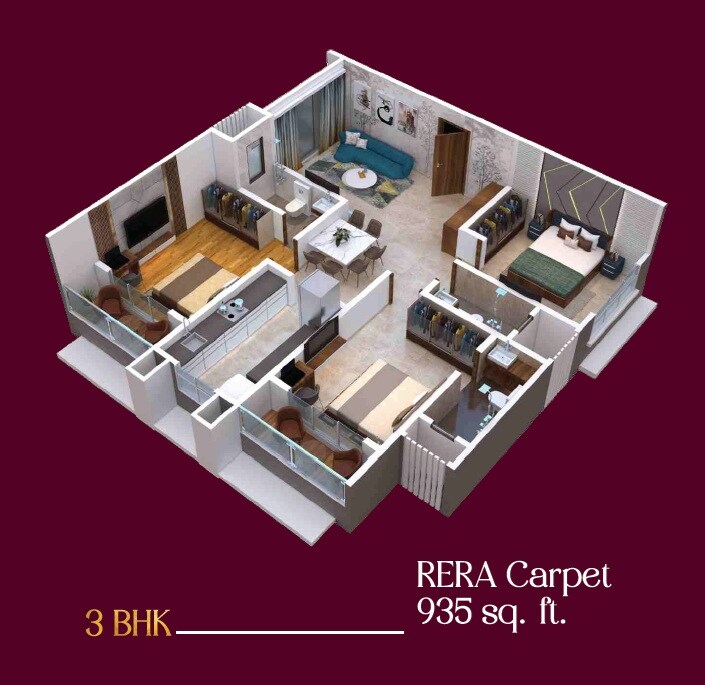 Floor plan of 3 BHK 935 Sq. Ft. Apartment in Khushi Avyukta Megha, Mumbai