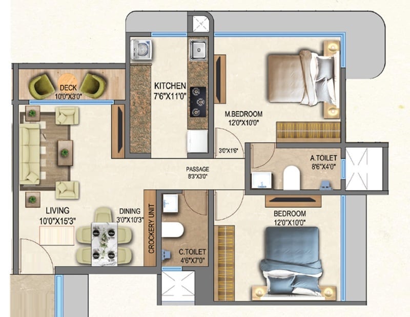 Floor plan of 2 BHK 614 Sq. Ft. Apartment in Khushi Trilok Giriraj Kripa, Mumbai