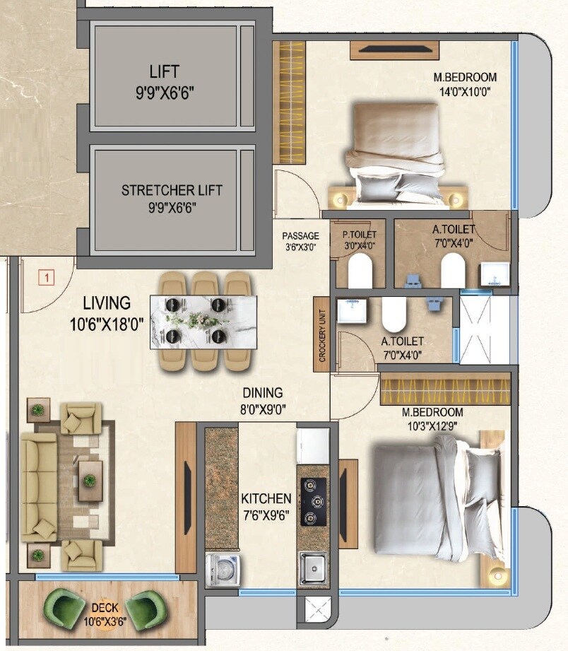 Floor plan of 2 BHK 756 Sq. Ft. Apartment in Khushi Trilok Giriraj Kripa, Mumbai