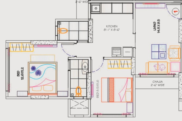 Floor plan of 2 BHK 496 Sq. Ft. Apartment in Kings Anand Dham, Mumbai