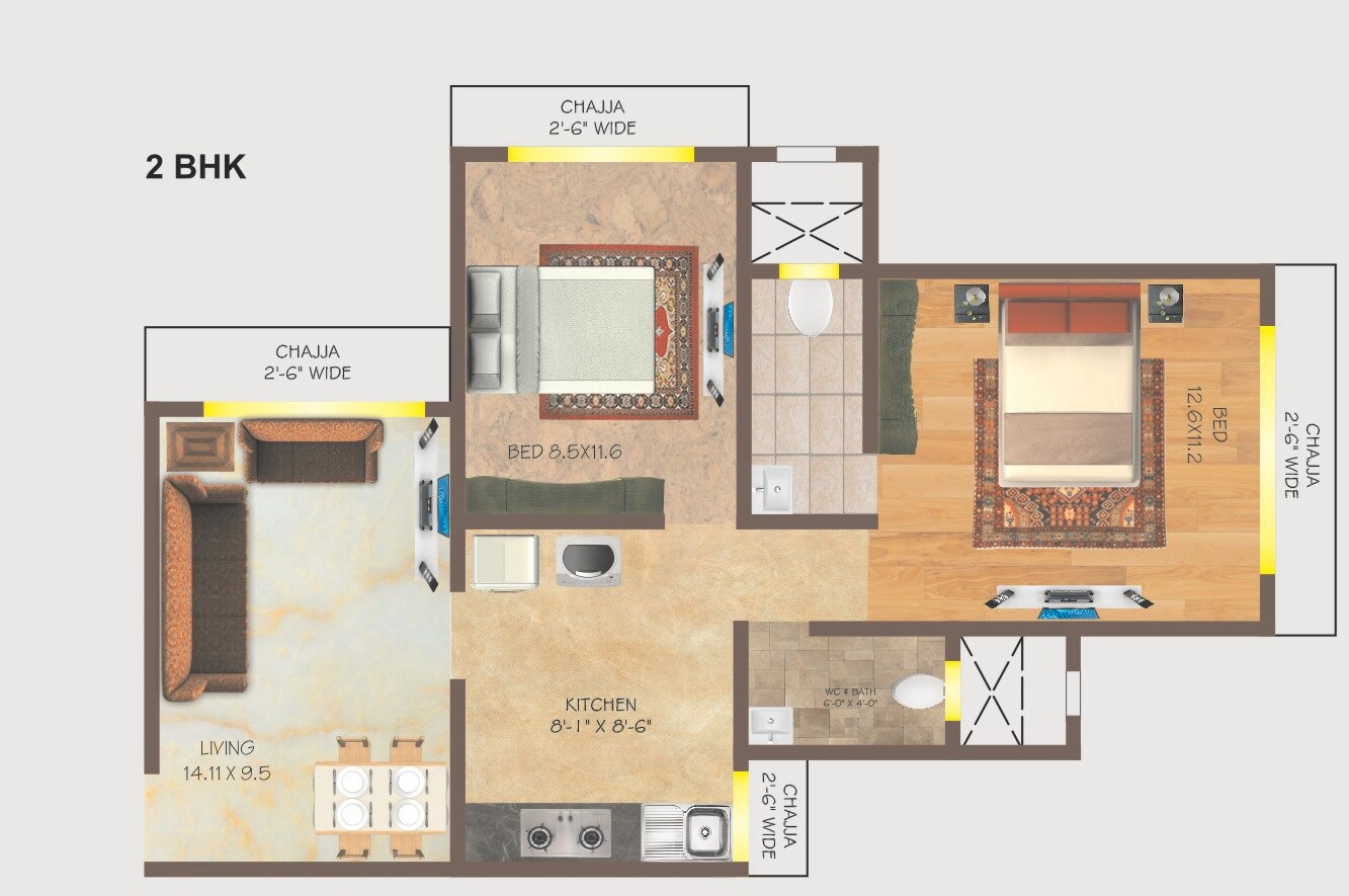 Floor plan of 2 BHK 585 Sq. Ft. Apartment in Kings Anand Dham, Mumbai