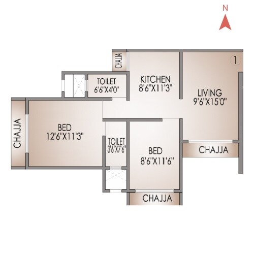 Floor plan of 2 BHK 541 Sq. Ft. Apartment in Kings Heights 1, Mumbai