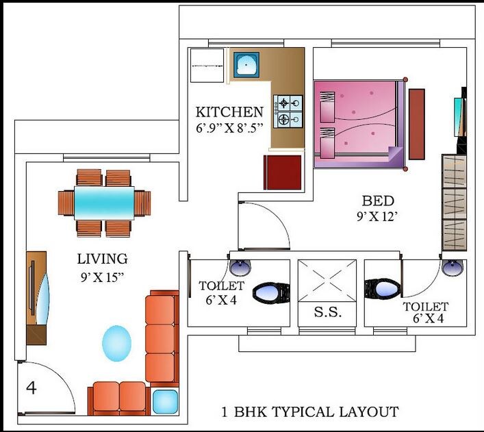 Floor plan of 1 BHK 640 Sq. Ft. Apartment in Kings Mahakaleshwar, Mumbai