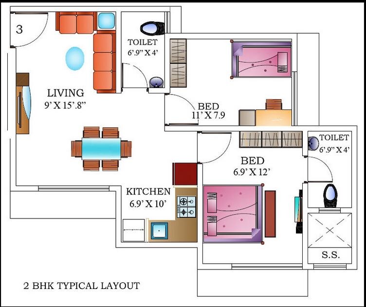Floor plan of 2 BHK 820 Sq. Ft. Apartment in Kings Mahakaleshwar, Mumbai