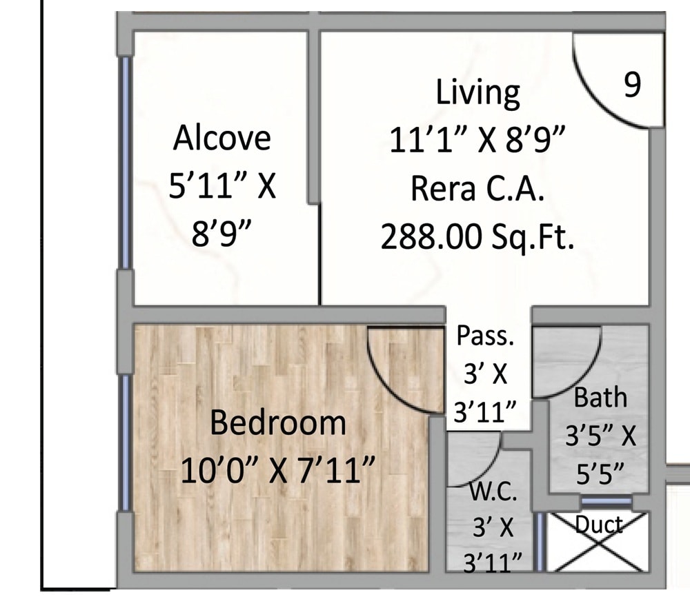 Floor plan of 1 BHK 288 Sq. Ft. Apartment in Kings My Homes, Mumbai