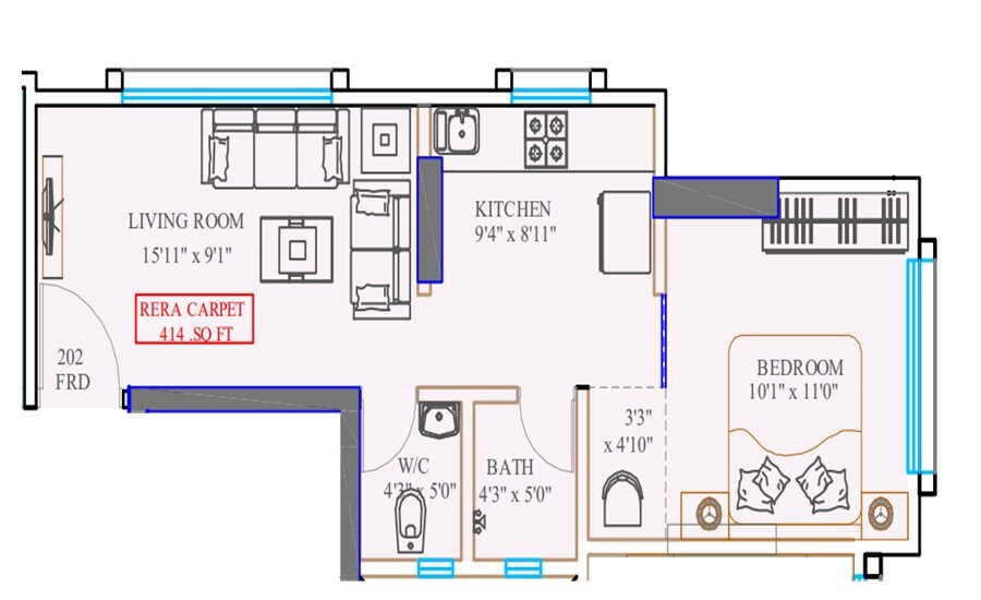 Floor plan of 1 BHK 414 Sq. Ft. Apartment in Kings Paradise, Mumbai