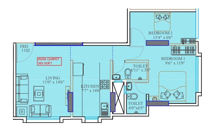 Floor plan of 2 BHK 563 Sq. Ft. Apartment in Kings Paradise, Mumbai
