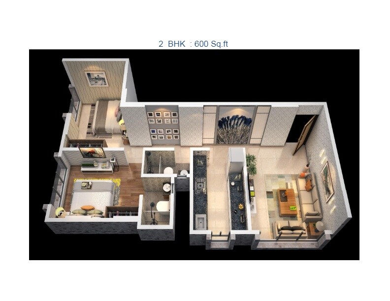 Floor plan of 2 BHK 600 Sq. Ft. Apartment in Kings Paradise, Mumbai