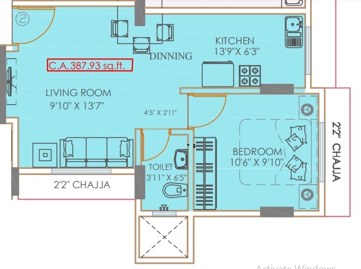 Floor plan of 1 BHK 387 Sq. Ft. Apartment in Kings Pride, Mumbai