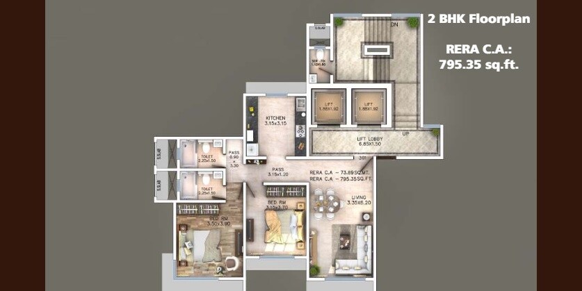 Floor plan of 2 BHK 795 Sq. Ft. Apartment in KK Grande, Mumbai