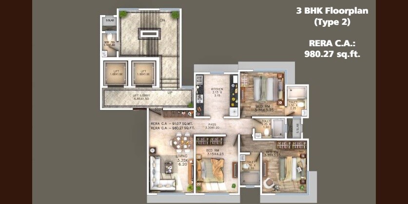 Floor plan of 3 BHK 980 Sq. Ft. Apartment in KK Grande, Mumbai