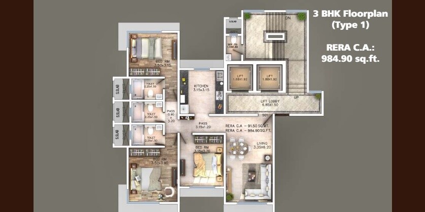 Floor plan of 3 BHK 984 Sq. Ft. Apartment in KK Grande, Mumbai