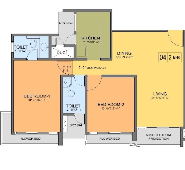 Floor plan of 2 BHK 782 Sq. Ft. Apartment in Kohinoor City Phase I, Mumbai