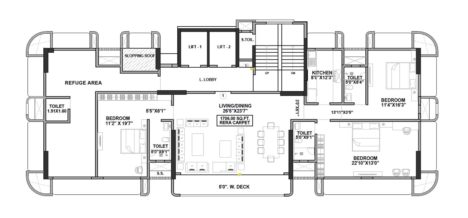 Floor plan of 3 BHK 1706 Sq. Ft. Apartment in Kohinoor Palace, Mumbai