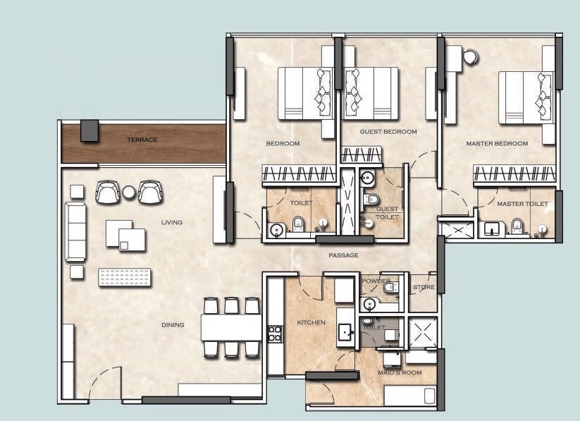 Floor plan of 3 BHK 1541 Sq. Ft. Apartment in Kohinoor Square Phase 2, Mumbai