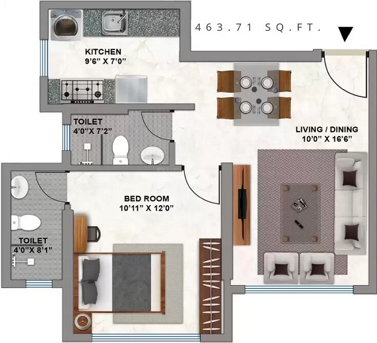Floor plan of 1 BHK 463 Sq. Ft. Apartment in Kolte Patil Evara, Mumbai