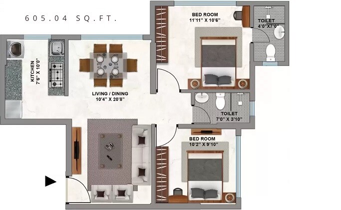 Floor plan of 2 BHK 605 Sq. Ft. Apartment in Kolte Patil Evara, Mumbai
