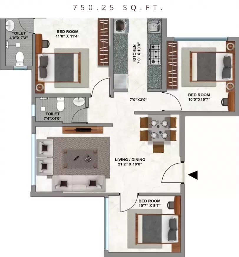 Floor plan of 2 BHK 750 Sq. Ft. Apartment in Kolte Patil Evara, Mumbai