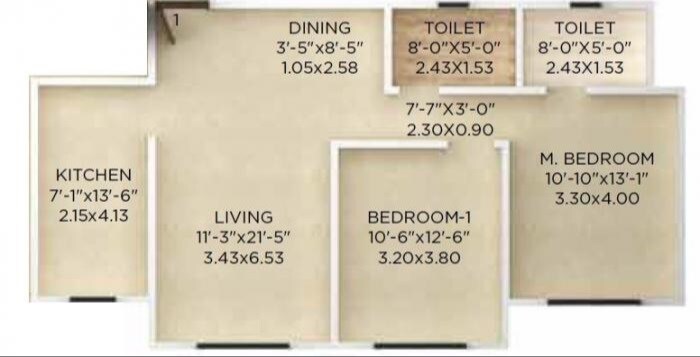 Floor plan of 2 BHK 775 Sq. Ft. Apartment in Kolte Patil Jai Vijay, Mumbai
