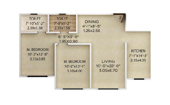 Floor plan of 2 BHK 746 Sq. Ft. Apartment in Kolte Patil Jai Vijay, Mumbai