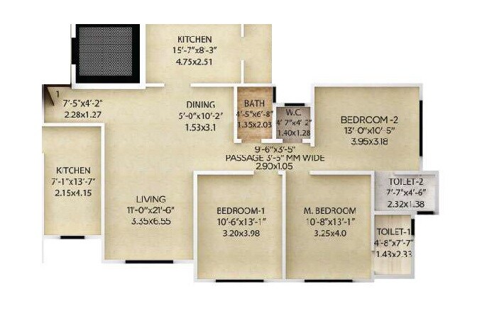 Floor plan of 3 BHK 1051 Sq. Ft. Apartment in Kolte Patil Jai Vijay, Mumbai