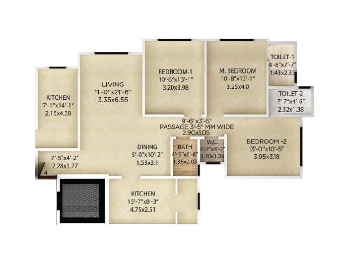 Floor plan of 3 BHK 1056 Sq. Ft. Apartment in Kolte Patil Jai Vijay, Mumbai
