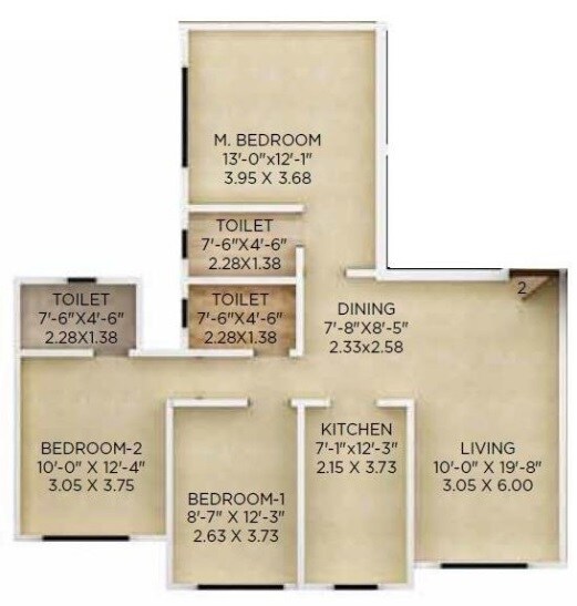 Floor plan of 3 BHK 930 Sq. Ft. Apartment in Kolte Patil Jai Vijay, Mumbai