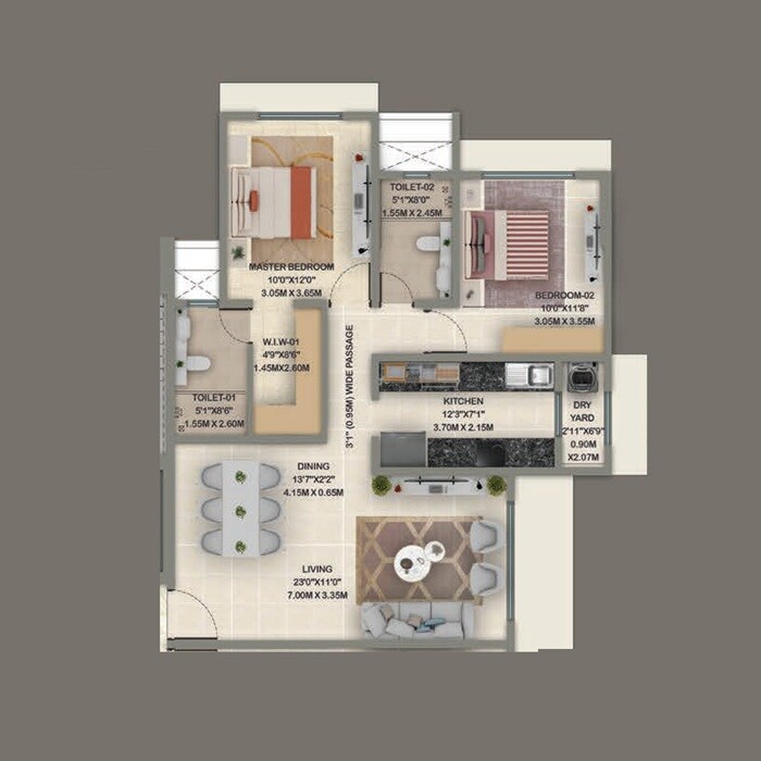 Floor plan of 2 BHK 844 Sq. Ft. Apartment in Kolte Patil K52, Mumbai
