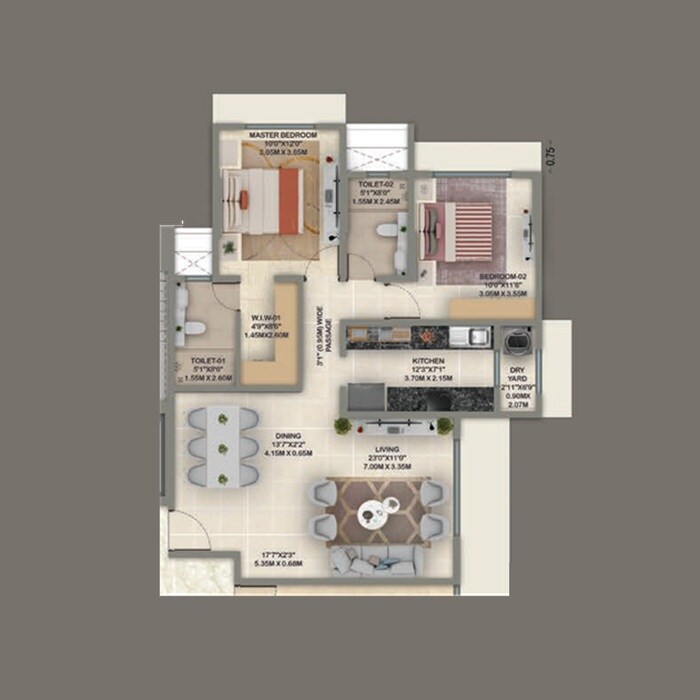 Floor plan of 2 BHK 883 Sq. Ft. Apartment in Kolte Patil K52, Mumbai
