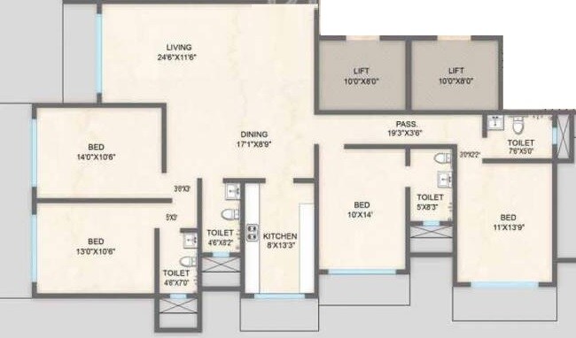 Floor plan of 4 BHK 1422 Sq. Ft. Apartment in Kolte Patil Link Palace, Mumbai