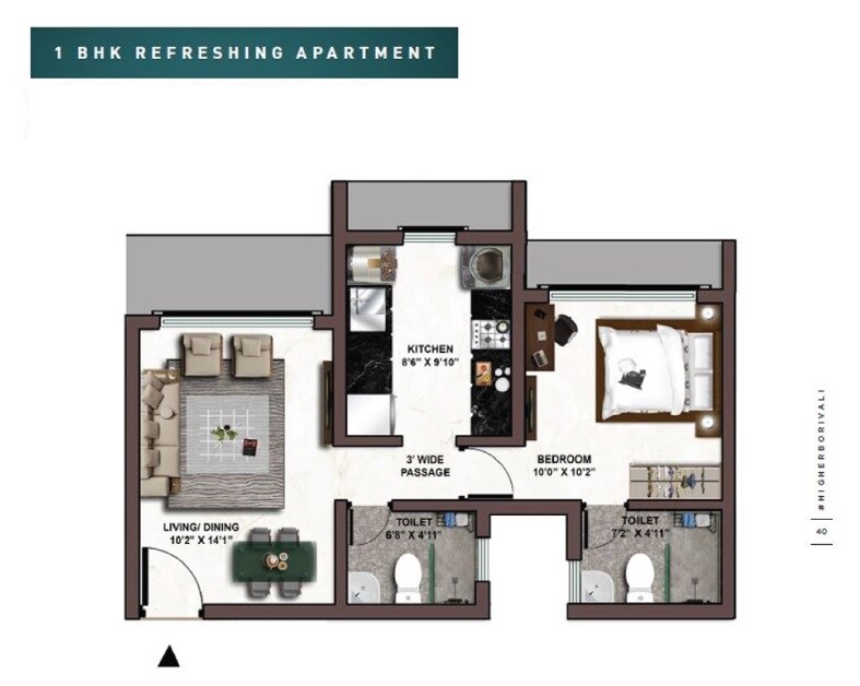 Floor plan of 1 BHK 495 Sq. Ft. Apartment in Kolte Patil Vaayu, Mumbai