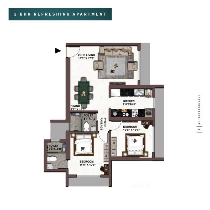 Floor plan of 2 BHK 887 Sq. Ft. Apartment in Kolte Patil Vaayu, Mumbai