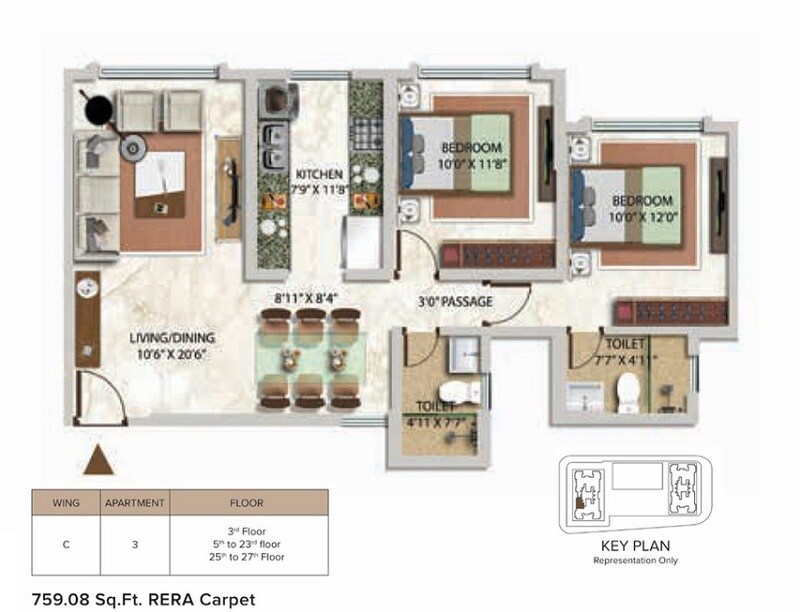 Floor plan of 2 BHK 759 Sq. Ft. Apartment in Kolte Patil Verve, Mumbai