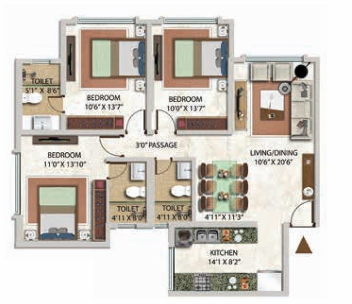 Floor plan of 3 BHK 1023 Sq. Ft. Apartment in Kolte Patil Verve, Mumbai