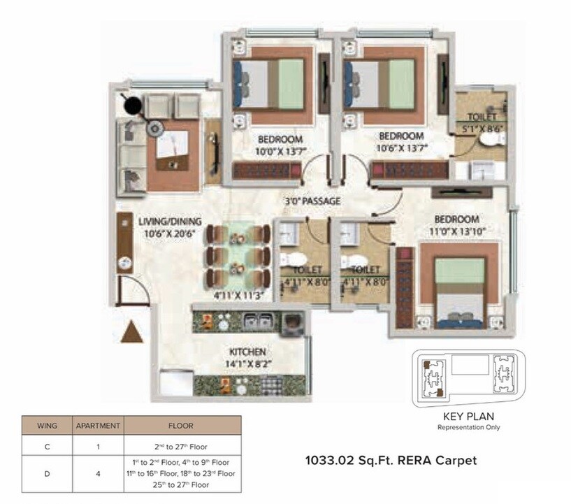 Floor plan of 3 BHK 1033 Sq. Ft. Apartment in Kolte Patil Verve, Mumbai
