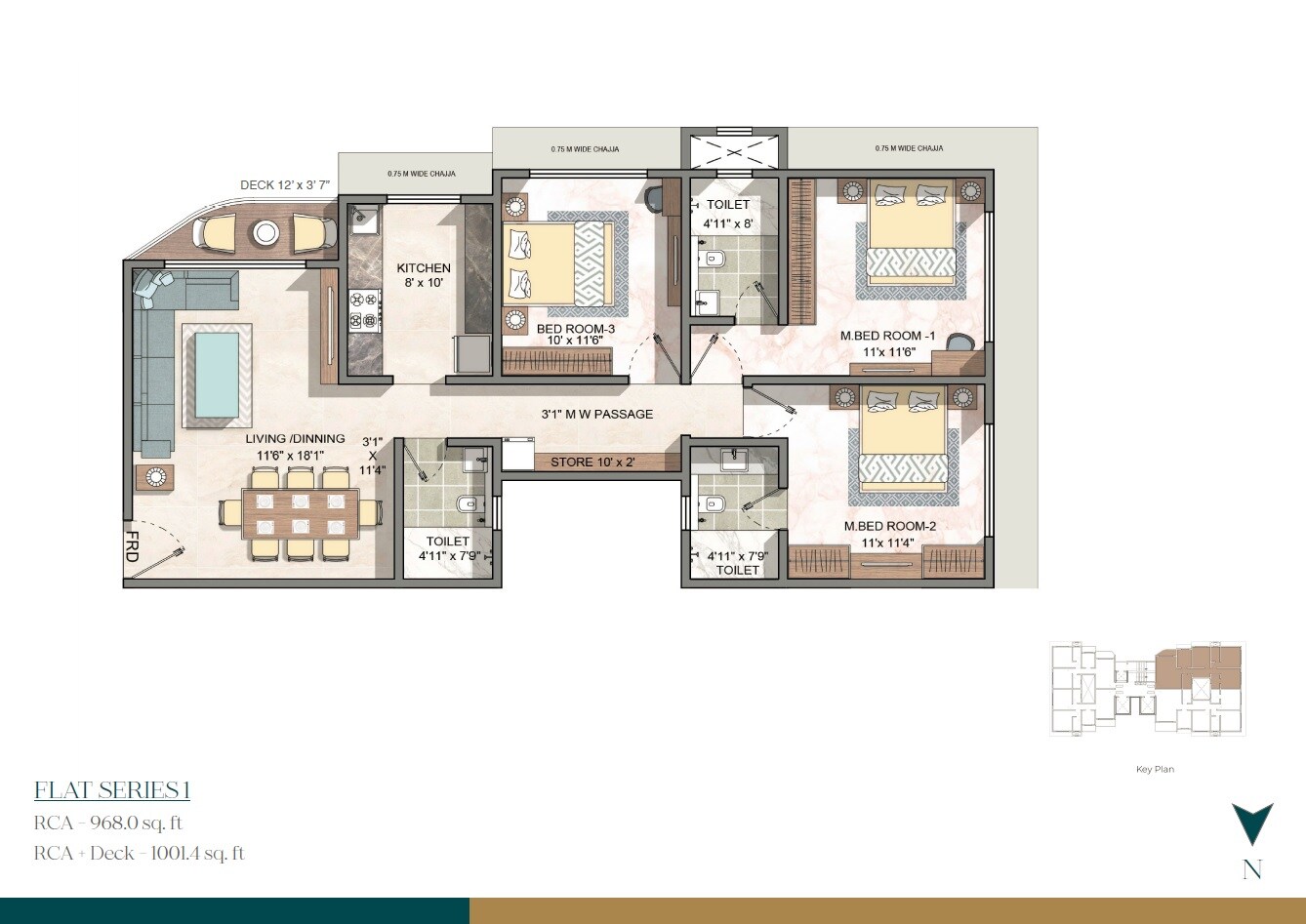 Floor plan of 3 BHK Apartment - 1001 sq. ft. in Konark Aria Park, Mumbai