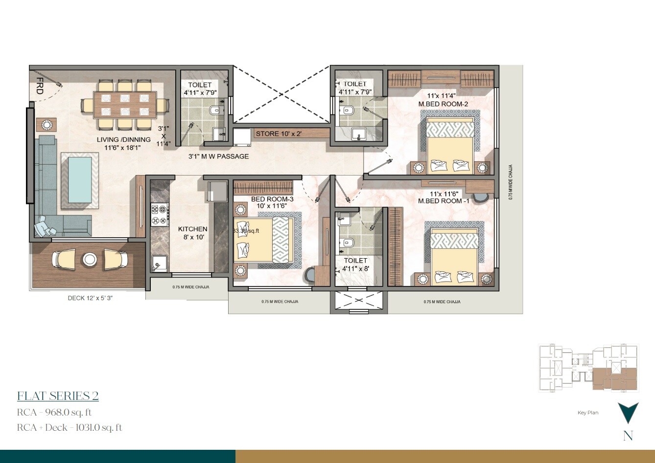 Floor plan of 3 BHK Apartment - 1031 sq. ft. in Konark Aria Park, Mumbai