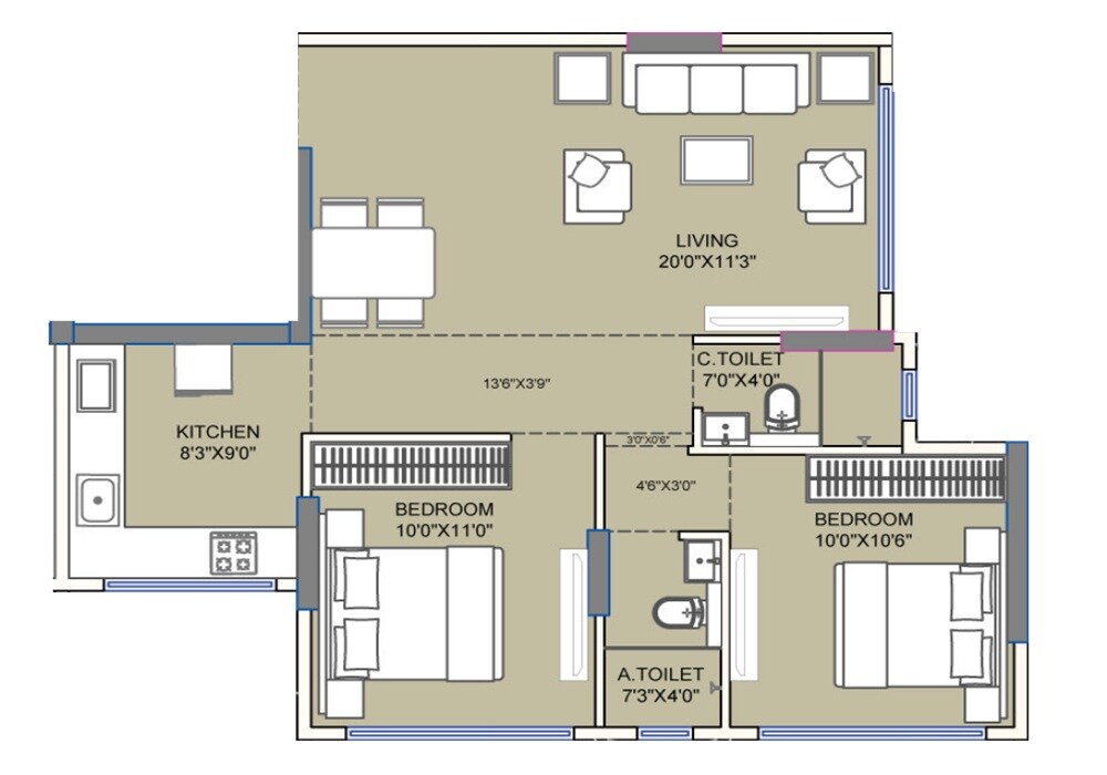 Floor plan of 2 BHK 527 Sq. Ft. Apartment in Konark Ganesh Chhaya, Mumbai